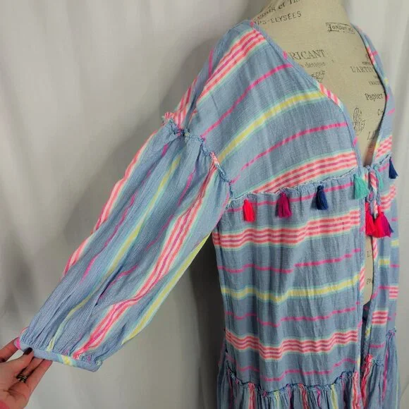 Vineyard Vines Swim Cover Up X Large Maxi Blue Striped Tassels - Picture 8 of 12